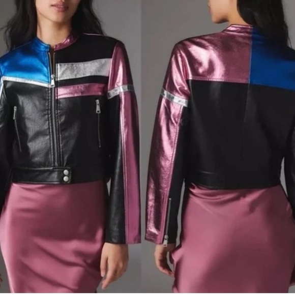 Urban Outfitters Snoh Faux Leather Pink, Blue, Silver Metallic Jacket sz Large - Picture 1 of 16